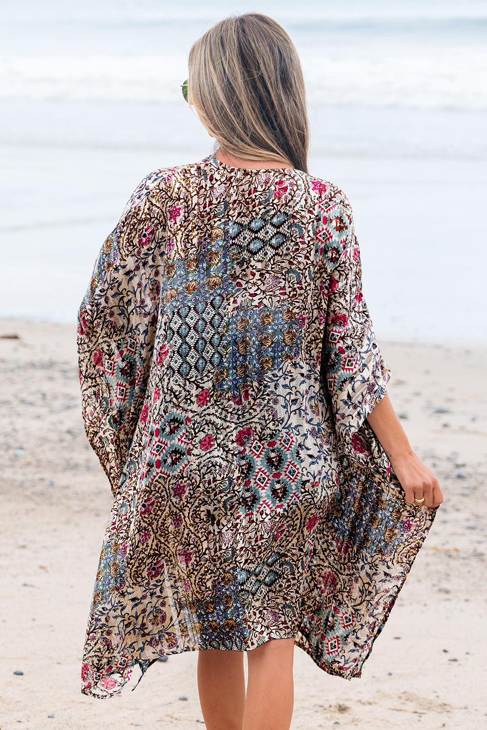 Love Salve  Apricot Floral Print Short Wide Sleeve Open Love Salve